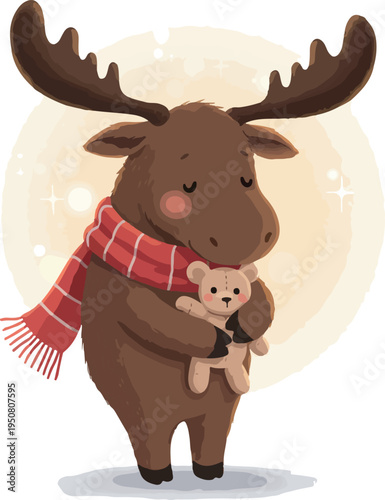 Cute Moose Hugs Teddy Bear Wearing Scarf Festive Winter Snow Background