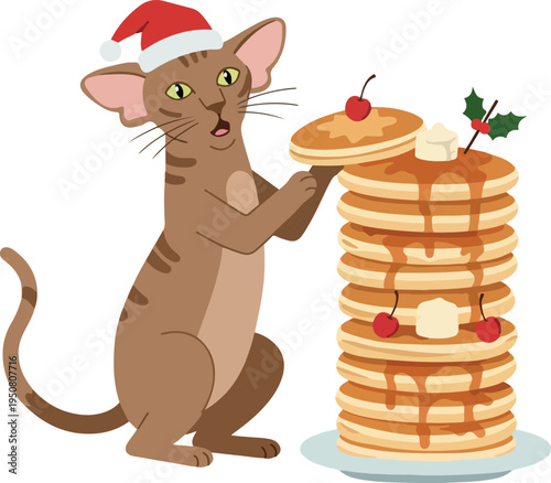 Cartoon Cat Christmas Santa Hat Eating Pancakes Syrup Cherries Isolated Object Flat Design