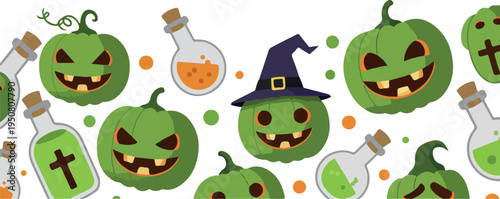 Green Pixel Art Halloween Pumpkins and Potions Pattern White Background