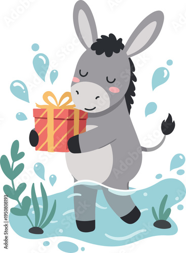 Cute Pixel Donkey Character Holding Gift Box in Water Surrounded by Plants