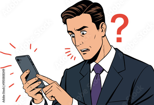 Confused Businessman Looking at Smartphone Screen with Question Mark