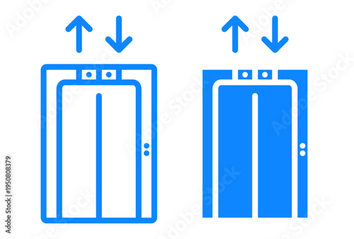 Elevator icon with solid blue fill and outline elements. Lift symbol combining contour lines and flat color fill. Modern vector icon isolated 