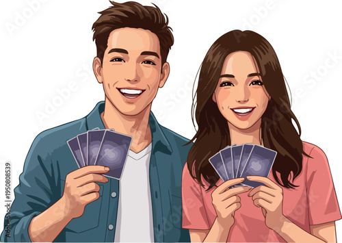 Happy Couple Playing Cards Together Outdoor Sunny Day Flat Design