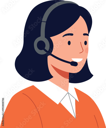 Customer Service Woman with Headset Orange Shirt White Collar Flat Design Vector