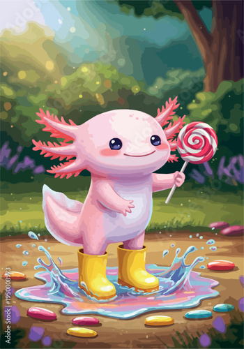 Cute Axolotl in Yellow Boots Holds Swirl Lollipop Splashing in Puddle