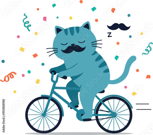 Cute Blue Cat Riding Bicycle with Moustache Confetti Party Flat Design Vector