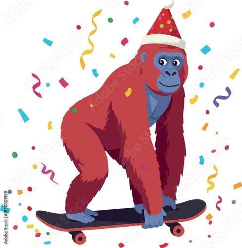 Happy Gorilla Skates With Red Party Hat Amidst Colorful Confetti