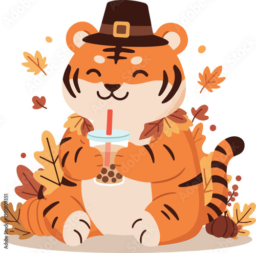 Cute Tiger In Thanksgiving Hat Drinks Bubble Tea Autumn Leaves Pumpkin