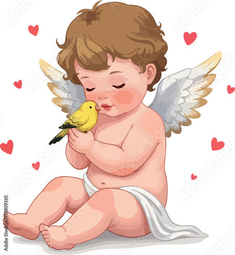 Cute Cherub Angel Holding Bird With Hearts Background White Minimalist Illustration