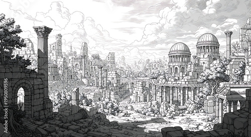 Ancient cityscape with ruins and domed buildings in a state of disarray