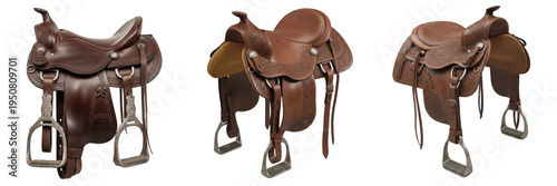 Canvastavla Set of vintage brown leather horse saddles and antique western equestrian tack c
