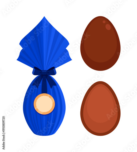 Set of Brazilian and Italian style Easter eggs wrapped in shiny dark blue foil with a bow. Uova di Pasqua tradition, Latin Easter gift confectionery, holiday, sweets mockup
