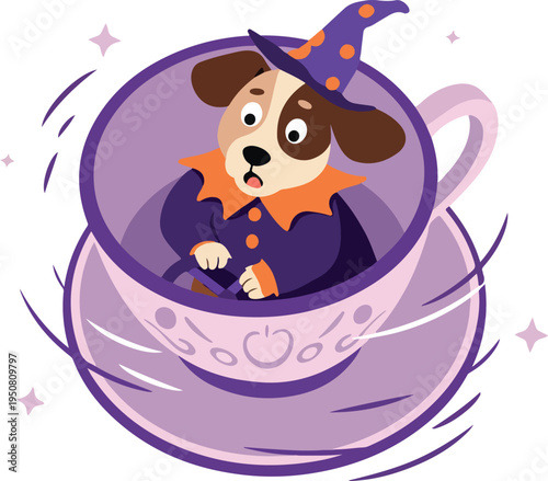 Cute Dog Witch in Purple Teacup Isolated White Background Flat Design