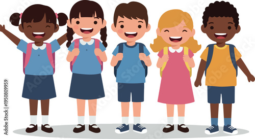 Diverse Group Of Happy School Kids Standing Together With Backpacks