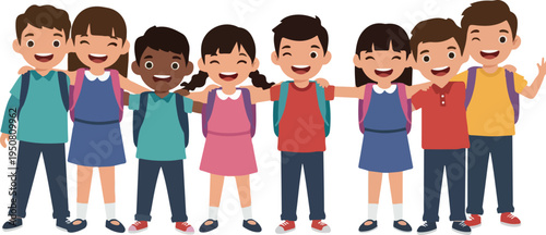 Diverse Group Of Happy Kids With Backpacks In Flat Design Style