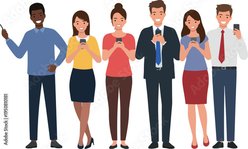 Diverse Group Of People Using Smartphones Casual And Business Outfits