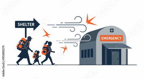 Family Evacuation to Emergency Shelter During Storm and Wind Hazard Illustration