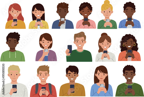 Diverse Pixel People Holding Smartphones Vector Collection