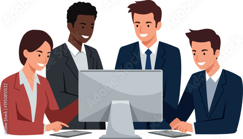 Diverse Team Collaborating Around Computer Screen Flat Illustration