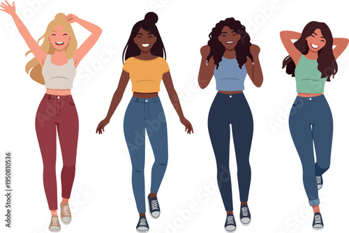Diverse Women Group Pixel Art Flat Design Casual Outfits White Background