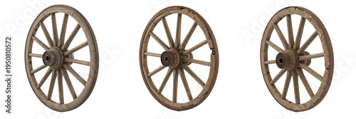 Obraz na plátně Set and collection of vintage wooden wagon wheels, ancient rustic cart wheels, a