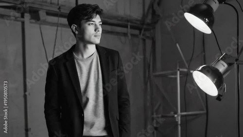 Creative professional maintains confident pose while camera slowly orbits showing different profile angles