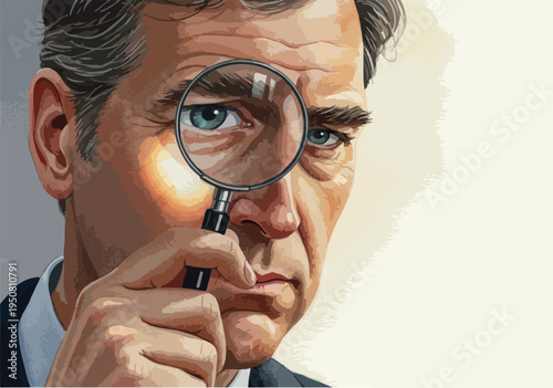Man Examining with Magnifying Glass Close Up Portrait