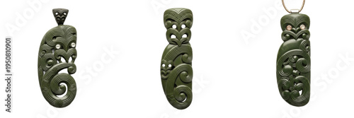 Canvastavla Set and collection of traditional Maori greenstone jade hei tiki pendants and et