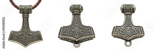 Valokuva Set and collection of viking thor hammer pendants mjolnir ancient nordic jewelry
