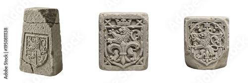 Photos Set and collection of ancient medieval stone blocks with carved heraldic lion cr