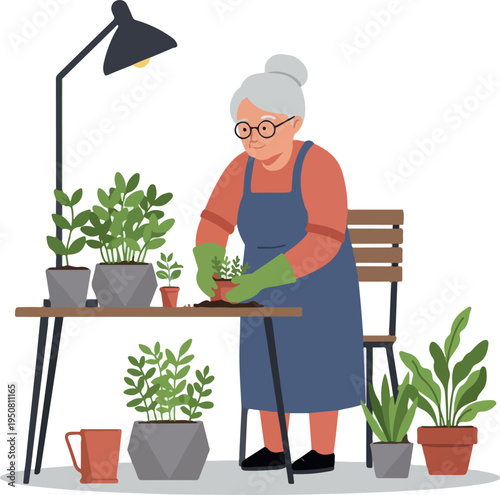 Elderly Woman Gardening Indoors Under Lamp Green Apron Terracotta Pots