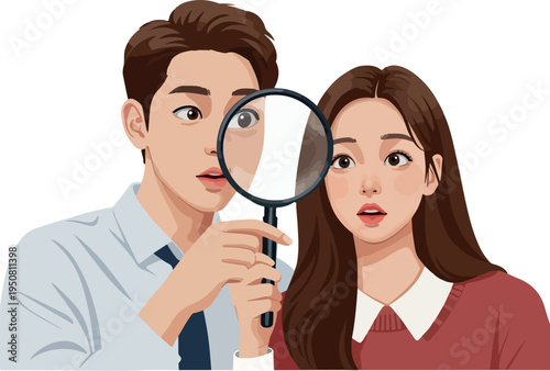 Man Magnifies Woman's Eye with Magnifying Glass Vector Art