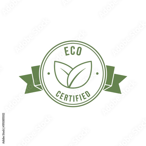 Simple eco certified green badge with elegant leaves and ribbon design, signifying natural, organic, and environmentally responsible products and sustainable practices for a better future