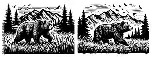 Grizzly bear in mountain landscape forest, wild animal in nature woodcut style illustration for outdoor adventure and camping
