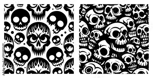 Skull seamless pattern set, gothic horror background with stylized skulls and flaming skeleton heads for rock and halloween design