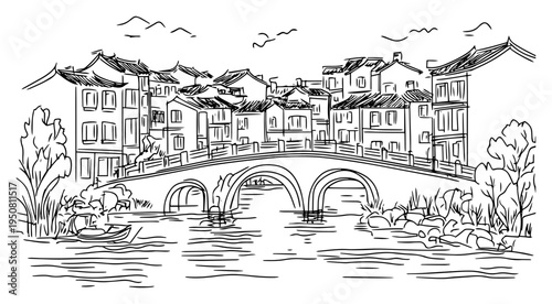 Ancient town bridge over river sketch, traditional Asian village landscape and historic architecture line art vector illustration