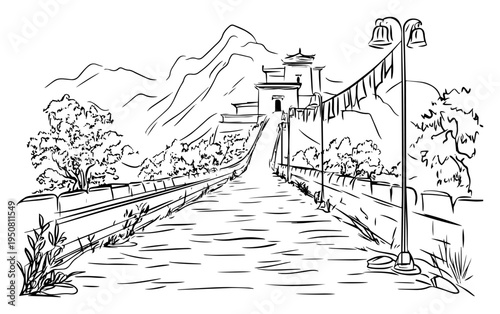 Historic fortress on a mountain ridge sketch, long stone path leading to castle in highlands line art