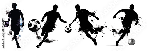 Soccer player silhouettes with paint splatter effects, football athletes in action with ball vector set