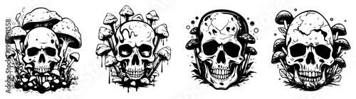 Human skulls with mushrooms set, macabre dark art tattoos, cottagecore gothic skeleton heads ink sketch vector