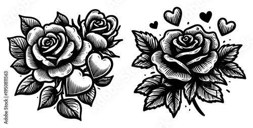 Blooming rose flowers with hearts set, romantic floral tattoo design, valentine's day love roses woodcut style