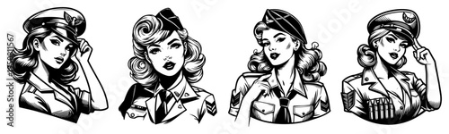 Beautiful military pin up girls portraits set, army women in uniforms and pilot hats vintage comic style illustrations