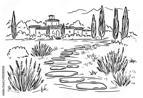 Tuscany landscape with mediterranean villa and cypress trees sketch, garden stone path and rural farmhouse line art