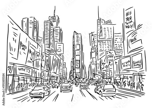 New York City street with skyscrapers and traffic sketch, urban metropolis landscape and cars line art illustration