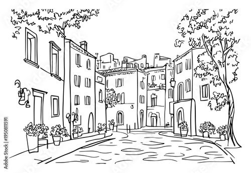 European old town street sketch with historic buildings and cobblestone road, Mediterranean village landscape line art vector