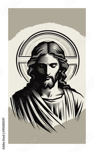 Jesus Christ portrait with halo in woodcut engraving style, religious Christian savior messiah illustration vector