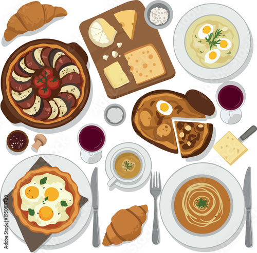 French Breakfast Meal Plate Vector Flat Design Isolated Foods Eggs Croissant Cheese