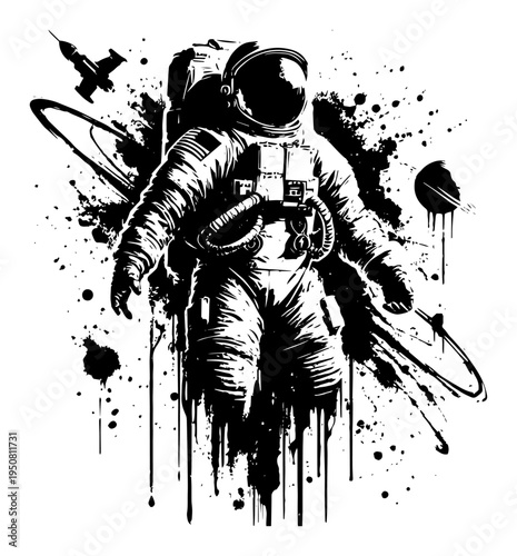 Astronaut in space with ink splatter and drips, cosmonaut in spacesuit with rocket and stars graphic vector illustration