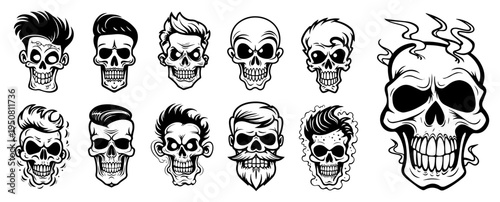 Human skulls with different hairstyles and beards set, funny stylized skeleton heads for barber shop or rock design