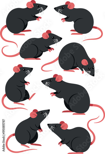 Minimalist Gray Rats Minimal Illustration Pink Ears and Tails Cute Rodents 
