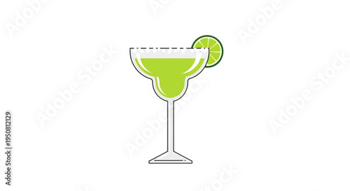 Lime green cocktail in a margarita glass with salt rim and lime wedge on white background